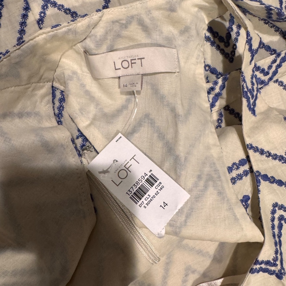 LOFT Blue Embroidered Chevron Cotton Midi Dress Size 14 NWT Tie Waist - Picture 2 of 6